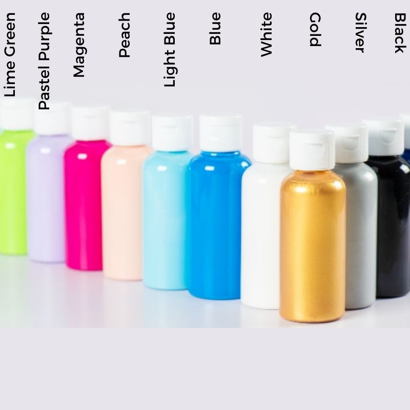 Extra options of fluid paint colours for DIY Art Kits at Fifth Unicorn, creative fluid art workshops in Newport, North Brisbane and online DIY art kits posting Australia wide. Colours from left to right - lime green, pastel purple, magenta, peach, light blue, blue, white, gold, silver, black