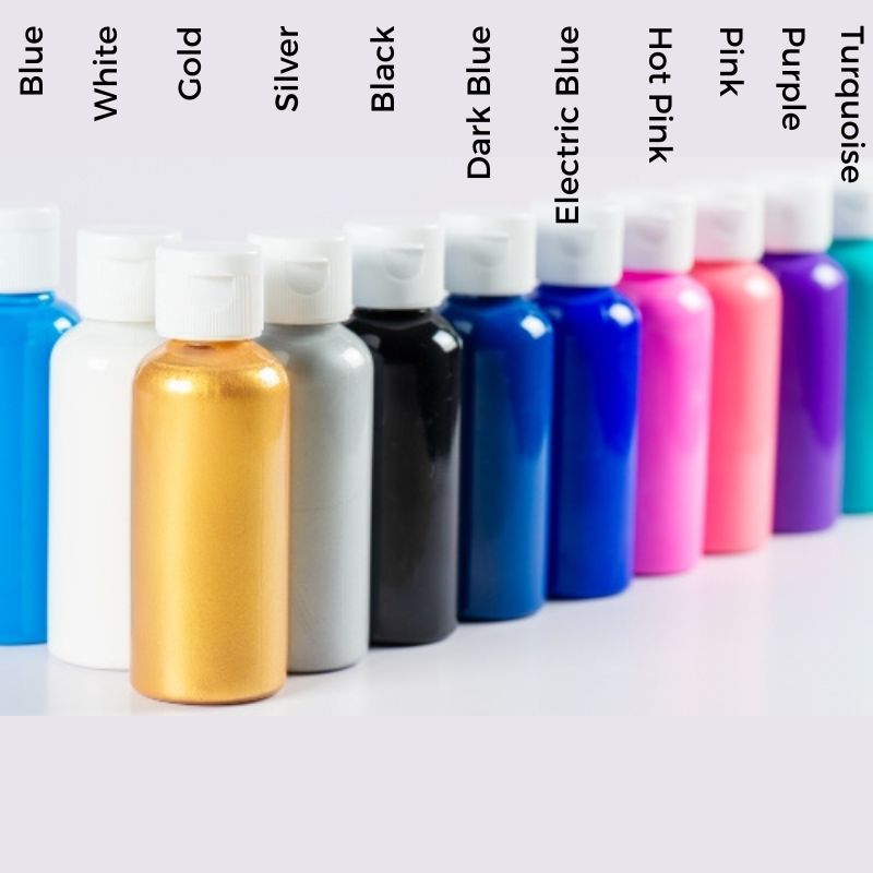 Extra options of fluid paint colours for DIY Art Kits at Fifth Unicorn, creative fluid art workshops in Newport, North Brisbane and online DIY art kits posting Australia wide. Colours from left to right - blue, white, gold, silver, black, dark blue, electric blue, hot pink, pink, purple, turquoise