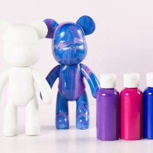 Blank Bear with blue, purple and white fluid art bear from the DIY Bear Kits at Fifth Unicorn, creative fluid art workshops in Newport, North Brisbane and online DIY art kits posting Australia wide.